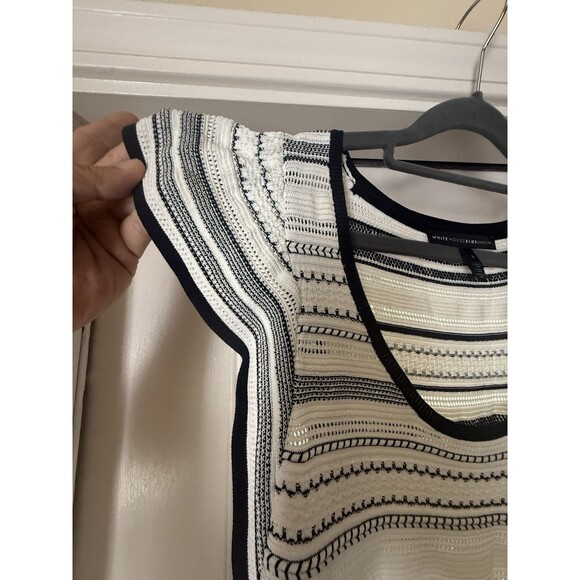 WHITE HOUSE BLACK MARKET ECRU WHITE BLACK FLUTTER SLEEVE POINTELLE STRIPE TOP S - Picture 3 of 8